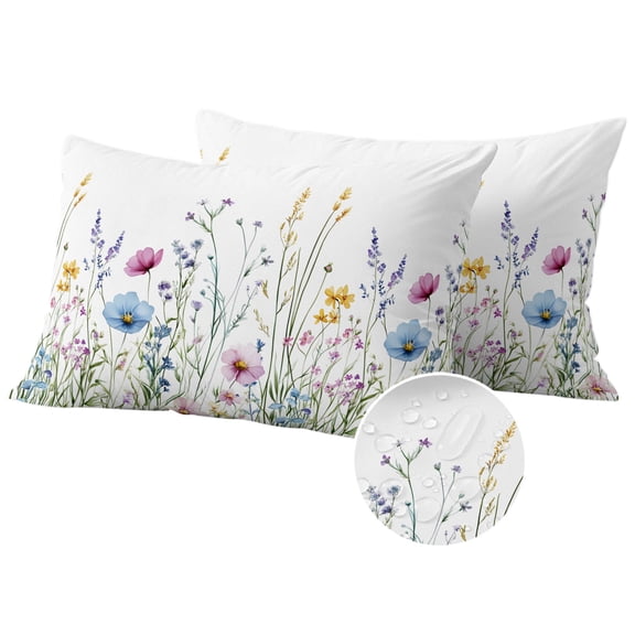 Spring Floral Outdoor Pillow Covers 20x12 Set of 2,Waterproof Patio Throw Pillowcase Protectors,Colorful Botanical Wildflower Summer Lumbar Decorative Pillow Shams Cushion Covers for Seat Bed Couch