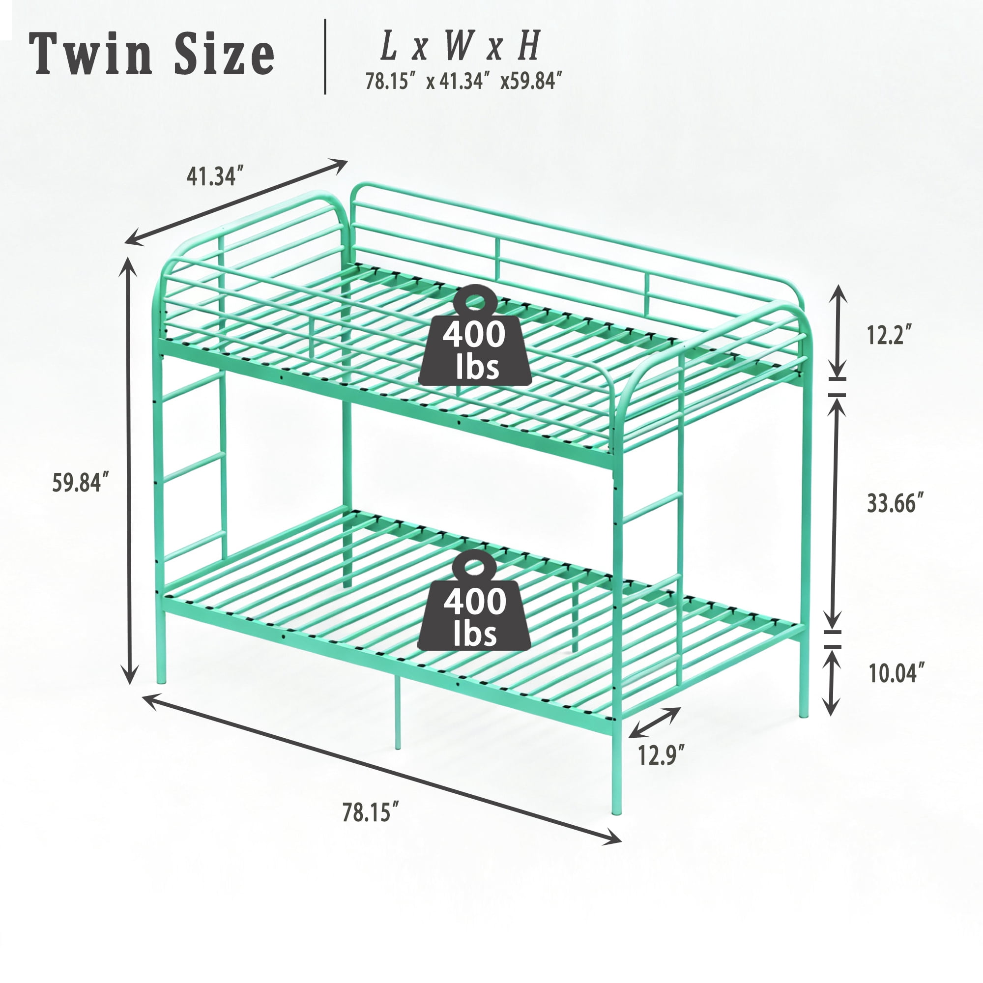 Mintazer Twin Over Twin Metal Bunk Bed, Heavy Duty Bunk Bed Frame with Guardrail & 2 Ladder, Mint Green