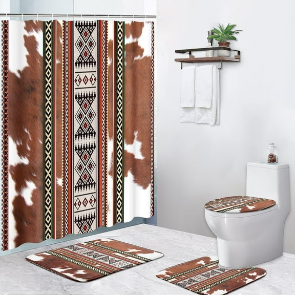 4 Pcs Shower Curtain Sets, Cowhide Cow Brown Waterproof Bathroom Sets with Non-Slip Rugs, Toilet Lid Cover and Bath Mat, 12 Hooks, Accessories Modern Home Bathroom Decor 72" X 72"