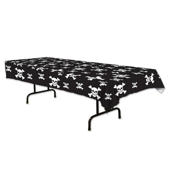 Club Pack of 12 Black and White Jolly Roger Printed Pirate Rectangular Party Table Covers 108"