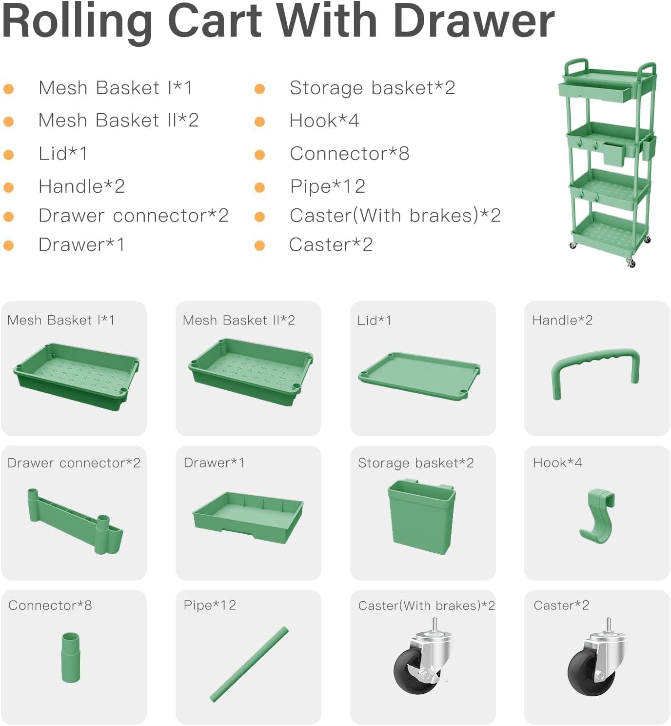 4 Tier Rolling Cart Organizer,Art Craft Diaper Bedside Snack Laundry Room Bathroom Organizer Narrow Thin Slim Rolling Trolley Utility Cart with Wheels for Kitchen,Office(Green)