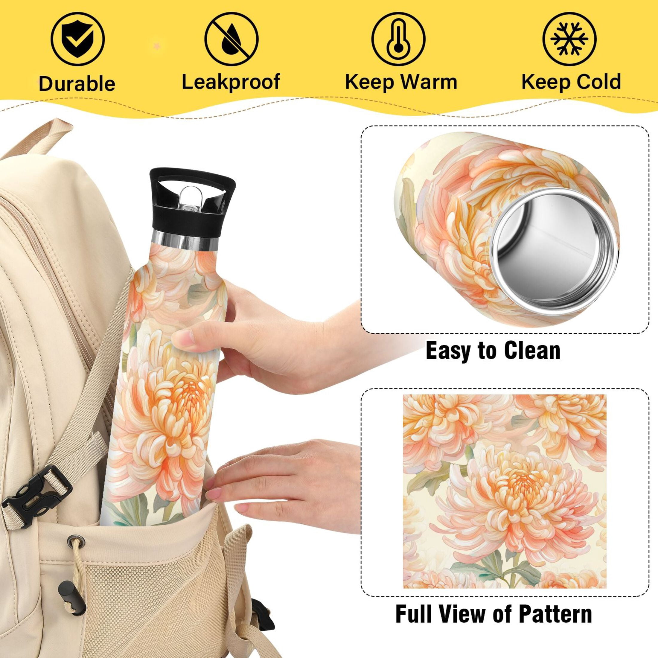 600ML Stainless Steel Insulated Cup Sports Water Bottle Portable Thermos Cup Water Glasses Insulated Tumblers Convenient and Durable Orange Chrysanthemums