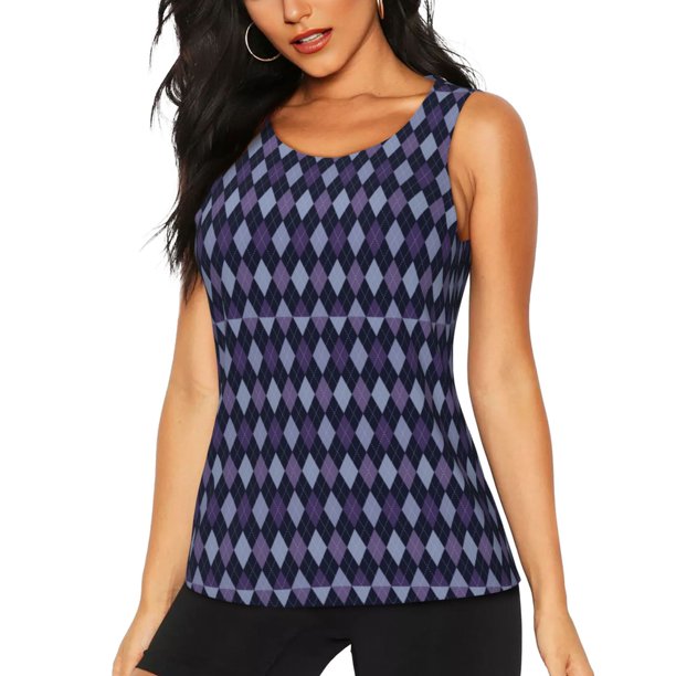 Balery Purple and Blue Squares Camiseta sin mangas estampada ligera para mujer, tops de entrenamiento sin mangas, camisetas de yoga transpirables de secado rápido.-Large