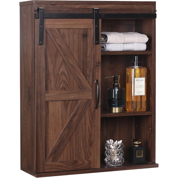 Farmhouse Bathroom Wall Cabinet with Sliding Barn Door，Dark Walnut