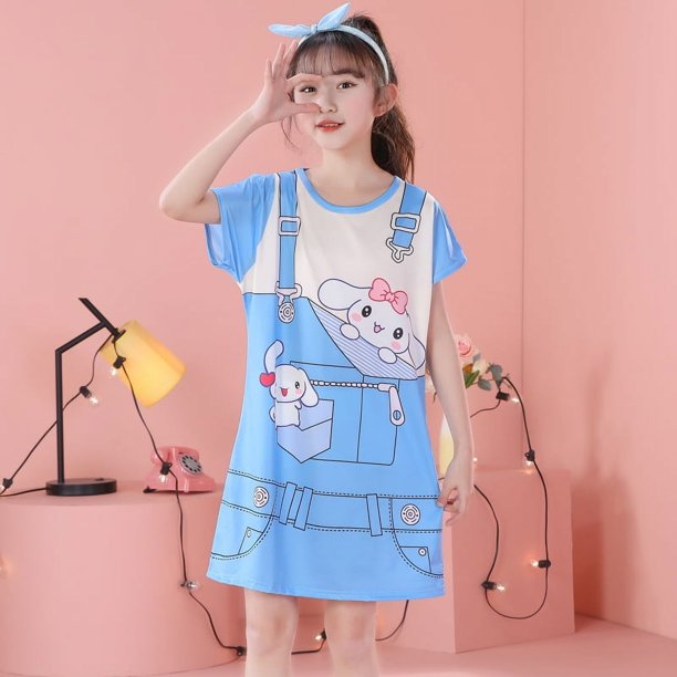 Pijamas infantiles de verano para niñas, lindos pijamas de manga corta con cuello redondo de dibujos animados, ropa de hogar holgada y delgada para niñas de talla mediana y niños mayores