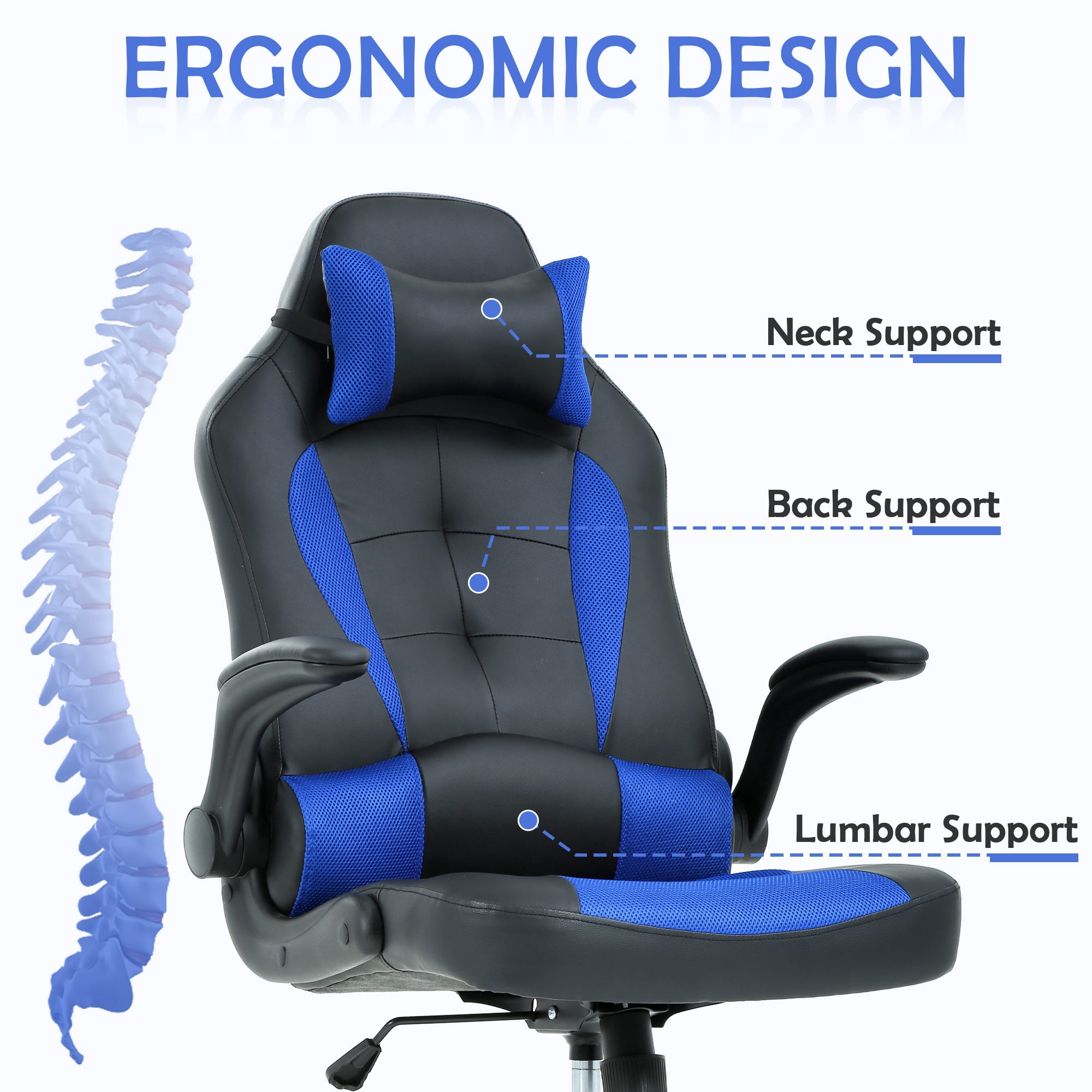 YRLLENSDAN Gaming Chairs，Office Gaming Chair with Lumbar Support Flip Up Arms Headrest Swivel Rolling Adjustable Computer Chair Racing Chair Gaming Chair for Adults Teens, Blue