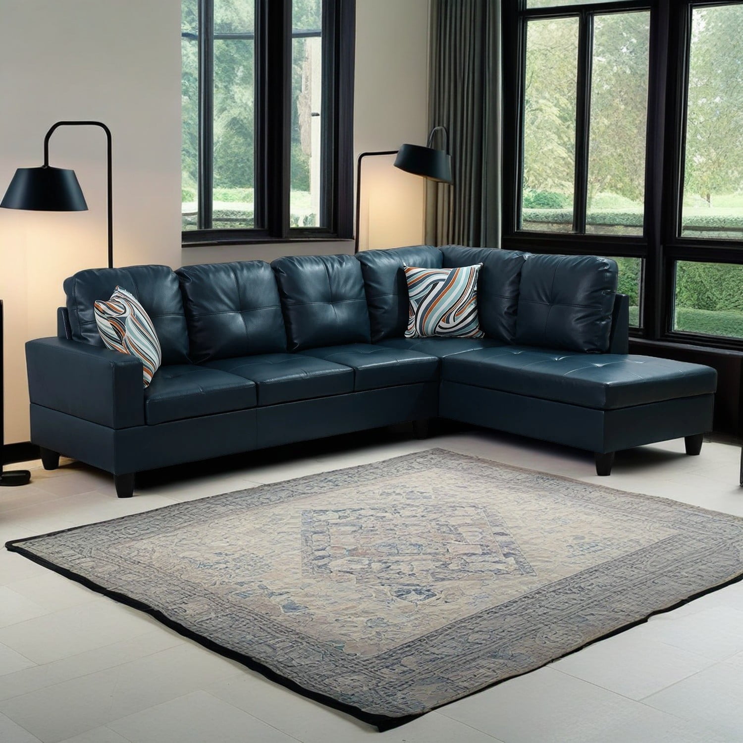 Hommoo L Shaped Sectional Couches and Sofas, 4-Seat Semi Semi PU Synthetic Leather Sectional Sofa Sets, Modern Living Room Furniture Sets, Peacock Blue(No Ottoman)