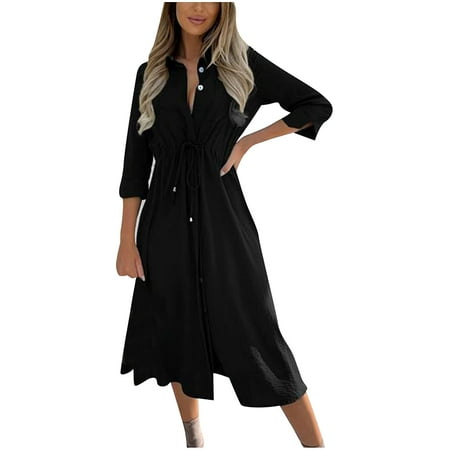 Elegant Fall Dresses for Women Fashion Pure Color Buttons Lace Up Waist ...