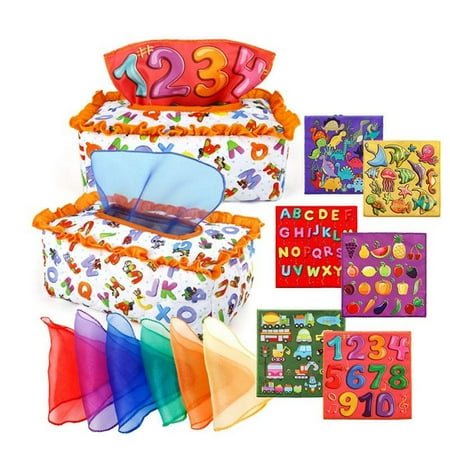 

Famure Sensory Tissue Box for Toddlers|STEM Montessori Toy Pull Along Activities|Colorful Scarves Magic Plush Tissue Box Educational Preschool Learning Gift