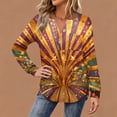 thumbnail image 4 of Mardi Gras Shirts Womens Sequins Glitter Long Sleeve Blouse Feathers Print V Neck Holiday Tops Gold M, 4 of 5