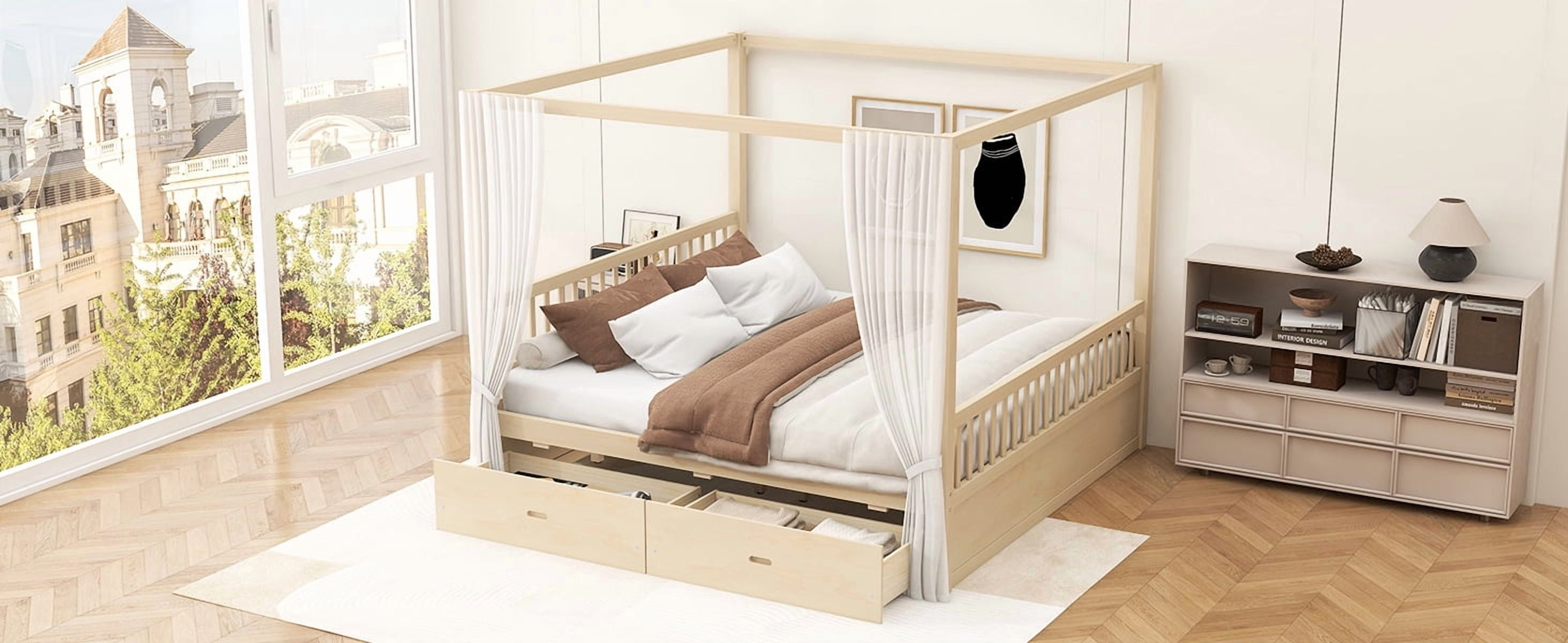 Mintazer King Size Canopy Bed with 2 Storage Drawers, Platform Bed Frame with Slatted Guardrails, No Box Spring Needed, Natural