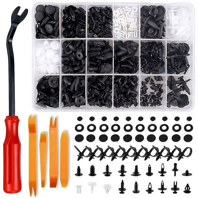Clips de remache de plástico, 446 piezas Universal Auto Clips de plástico de nailon negro Surtido de clips de ajuste del cuerpo del remache con herramientas para quitar sujetadores, brida para cables brillar Electrónica