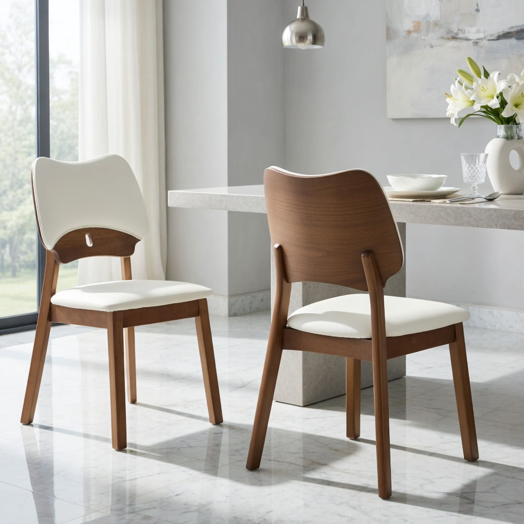 Hommoo 2-Pack Solid Wood Dining Chairs with PU Upholstered Seat & Backrest, Ergonomic Hollowed-Back Design for Modern Home Dining, Beige & Walnut