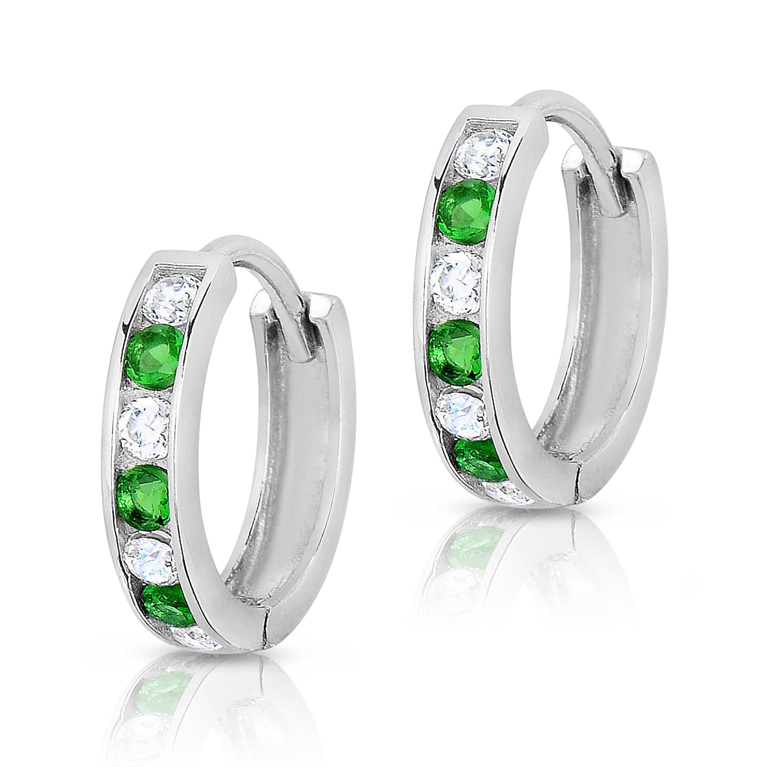 Tilo Jewelry 925 Sterling Silver Huggie Hoop Earrings with Green & White Cubic Zirconia CZ Birthstones | Small 13MM | Classic Everyday Earrings | Women, Men, Unisex
