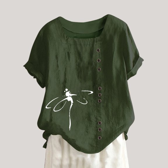 Womens Cotton Linen Tunics,Women's Linen Tops Shirts Summer Casual Jacquard Tunic Blouse,Cotton Linen Floral Shirts for Women Button Down,Short Sleeve Casual Loose Comfy Blouses Pullover Tunic Tops