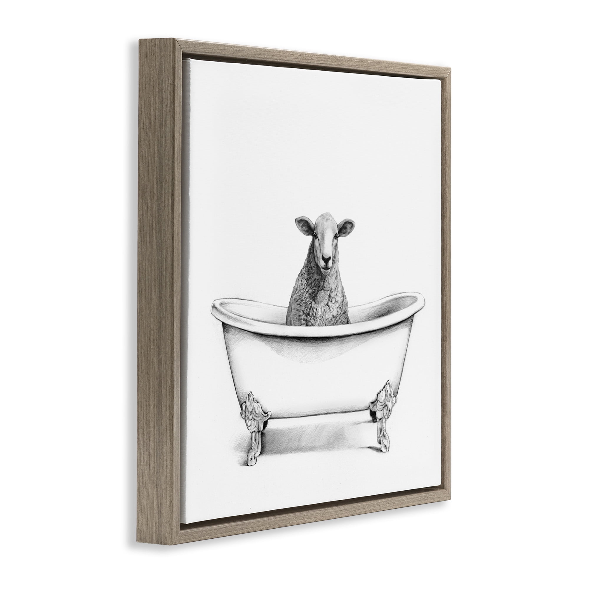 Stupell Industries Sheep in Bathtub Sketch Animals & Insects Drawing Brown Floater Framed Canvas Art Print Wall Art, 25 x 25