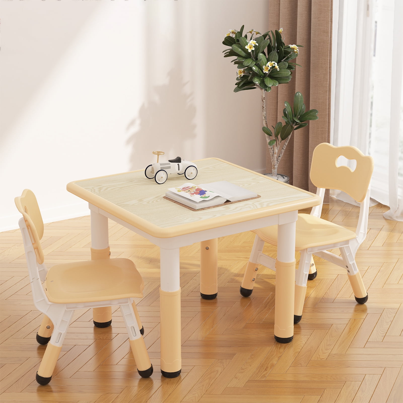 Set of 3 Kids Table and Chairs Set with 12pcs Watercolor Pens for Toddlers, Height Adjustable, for Home/Classroom, Boys Girls Multi-Activity Table for Ages 2-8