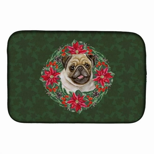 Carolines Treasures CK1584DDM Fawn Pug Poinsetta Wreath Dish Drying Mat