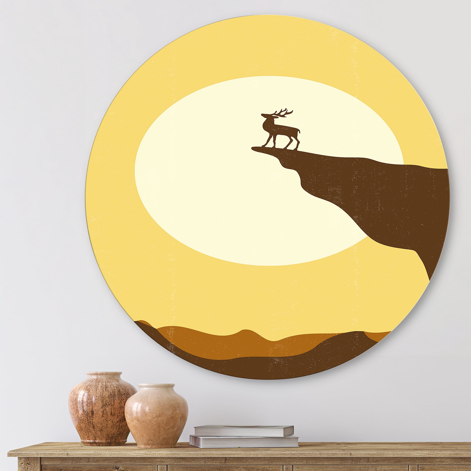 Designart 'Minimalistic Deer At Sunset On Mountain Top' Lake House Circle Metal Wall Art 11x11 - Disc of 11