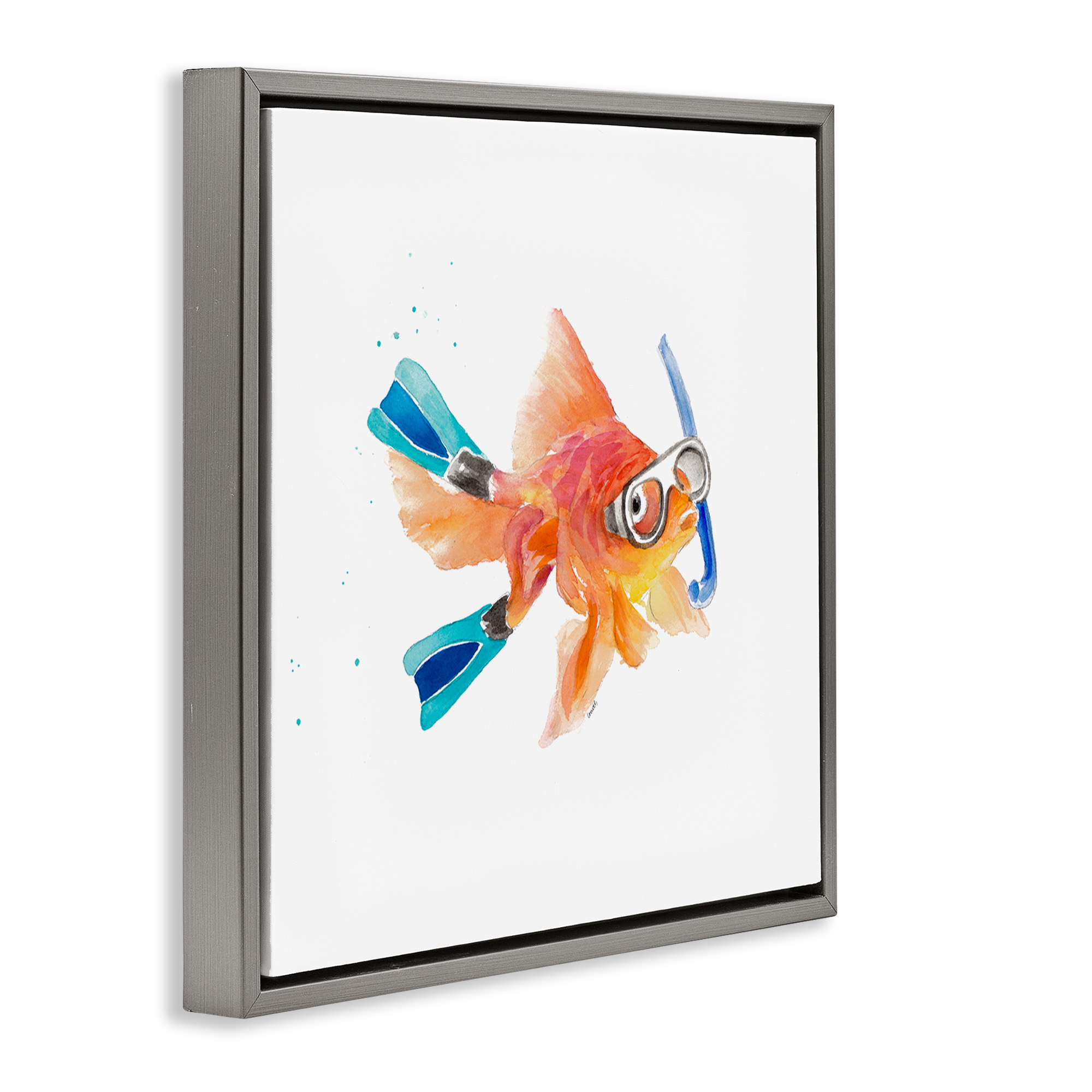Stupell Industries Goldfish Pet Snorkel Gear Animals & Insects Painting Gray Floater Framed Canvas Art Print Wall Art, 25 x 25