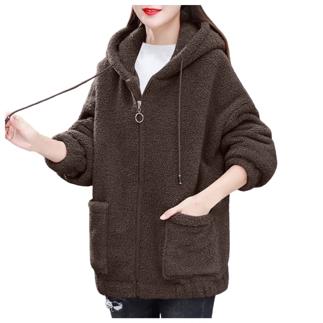 Manteau Grande Taille Mode Décontractée pour Femmes Automne Hiver Couleur Unie Cardigan à Capuche Fermeture Éclair Chaud Confortable
