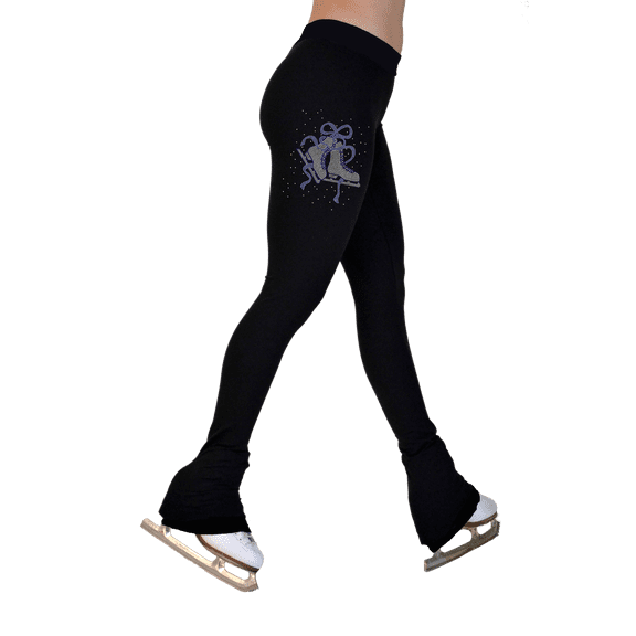 Chloe Noel P622F All Black 3" Waist Band Light Weight Fleece Figure Skating Pants w/ Mini Blue Ribbon Crystals