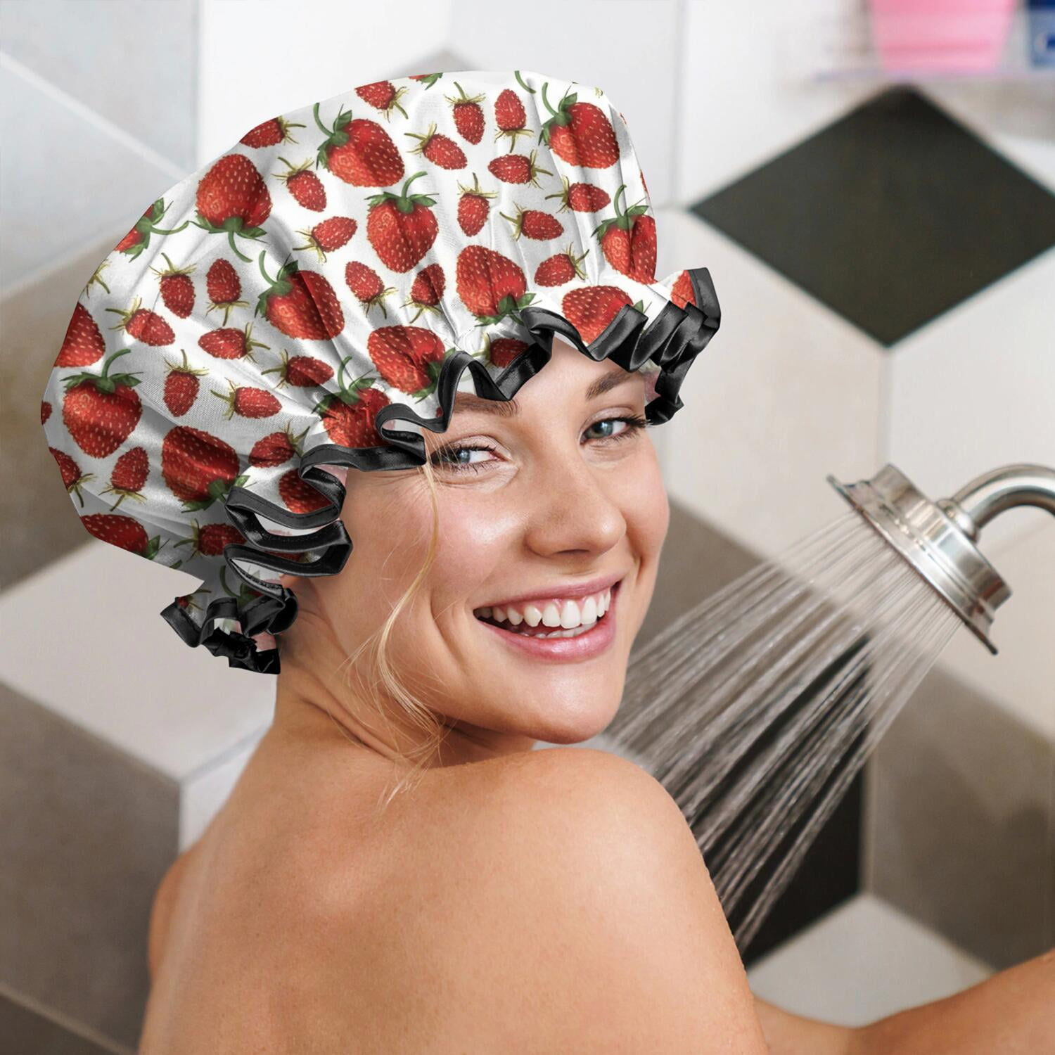 Shower Caps,Red Strawberry Plants Fruit White Pattern Waterproof Shower Cap for Women 4 Pieces,Double Reusable Hair Cover for Shower PEVA Elastic Stretch Hem