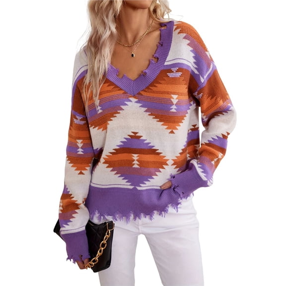 Woman Western Aztecs Knit Sweater Long Sleeve Vintage Geometric Pullover V Neck Distressed Cropped Sweater M