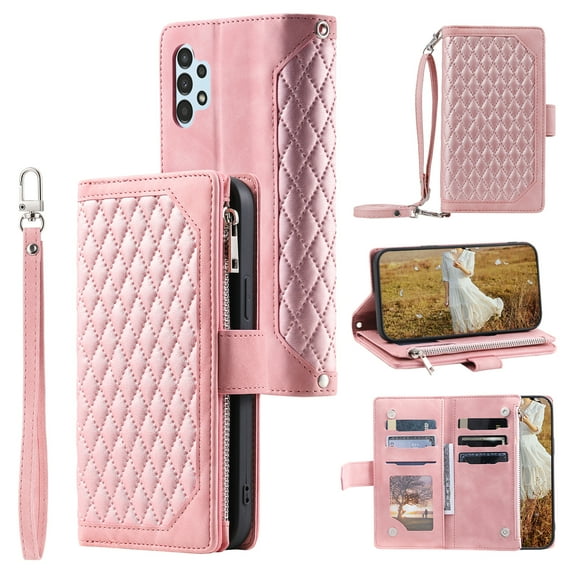 Feishell Crossbody Wallet Phone Case for For Samsung Galaxy A13 4G,Luxury PU Leather Magnetic Zipper Pocket Card Slots Shockproof Flip Stand Protective Cover with Hand Strap & Shoulder Strap,Rosegold