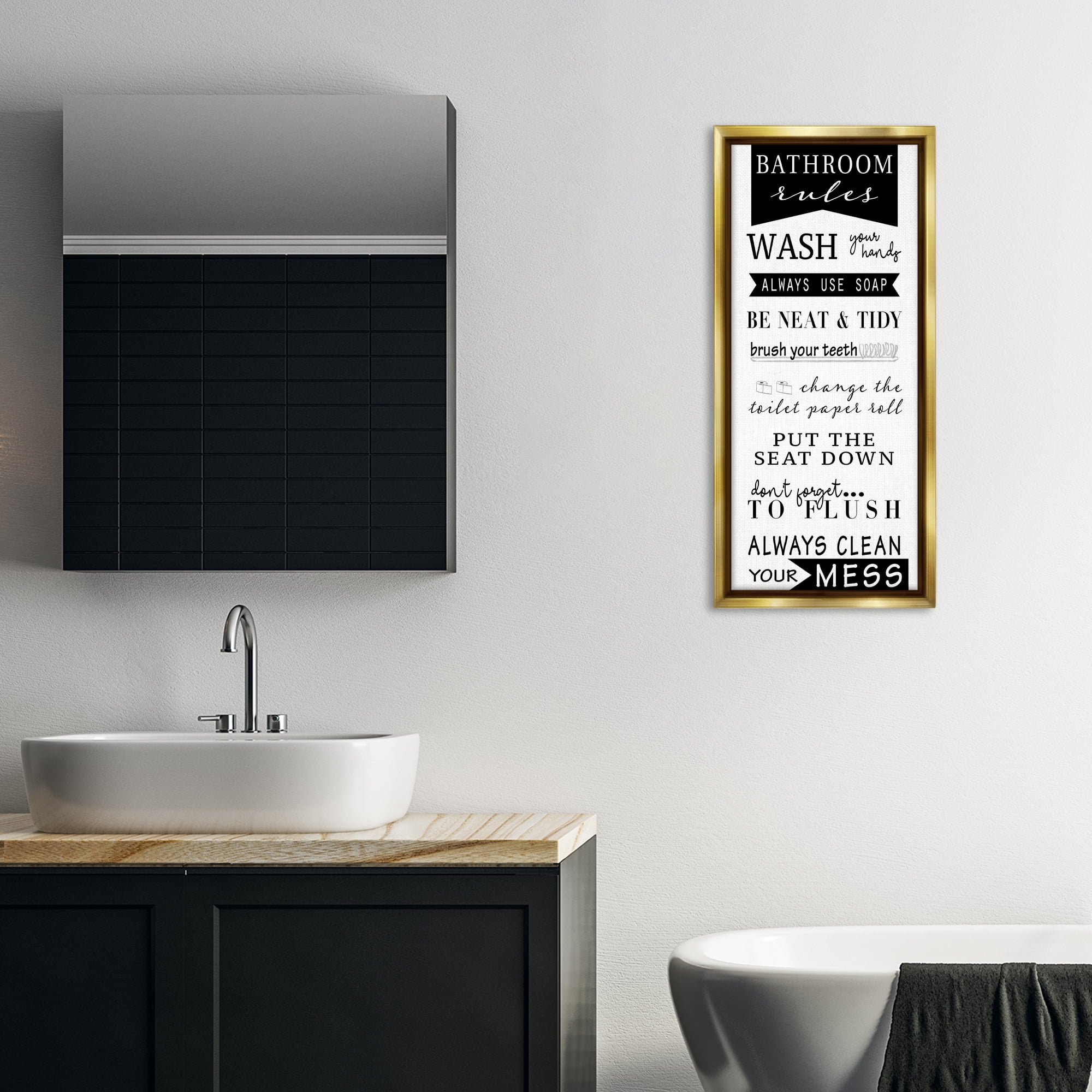 Stupell Industries Black Bathroom Rules Typography Painting Gold Floater Framed Canvas Art Print Wall Art, 15 x 31