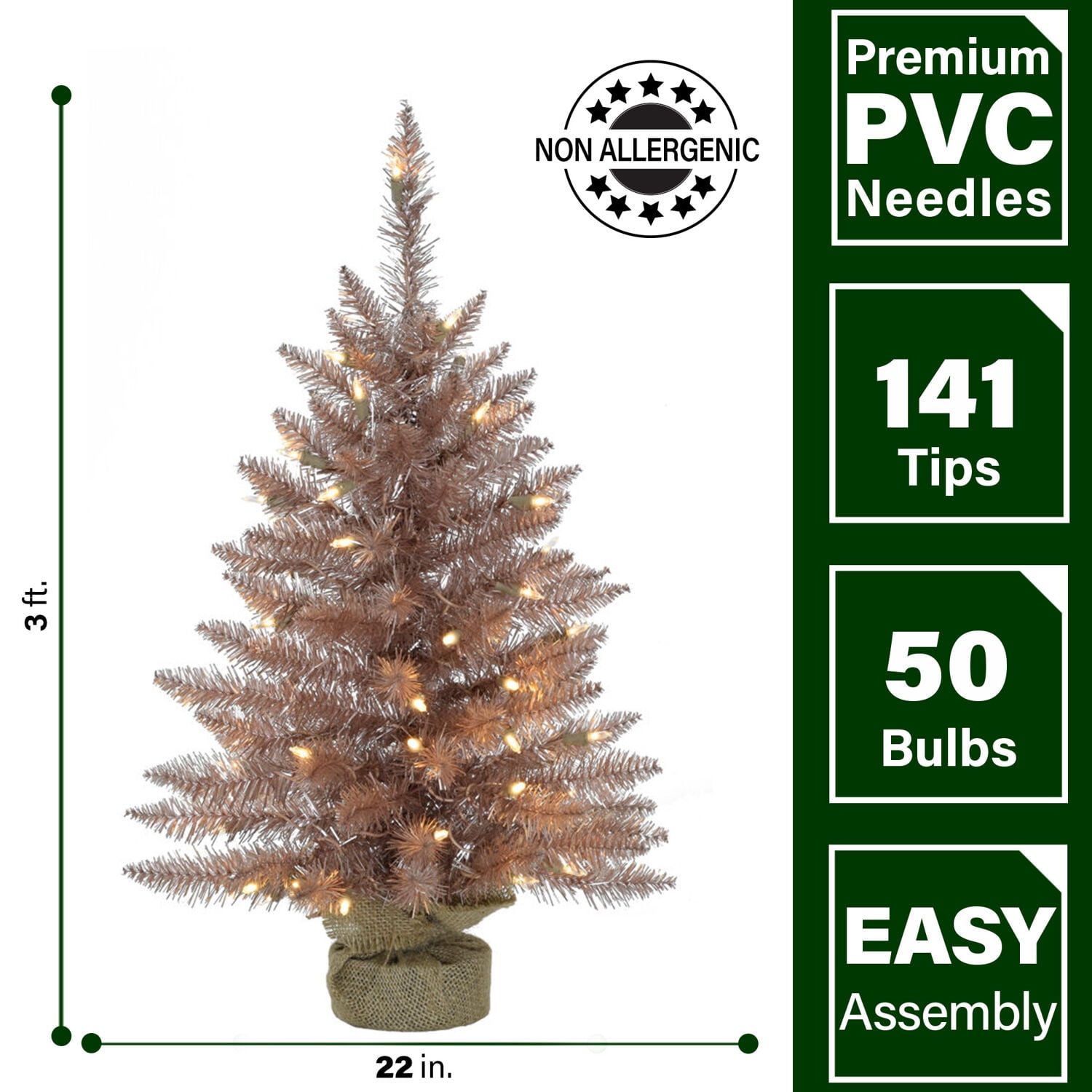 Fraser Hill Farm 3-ft. Festive Tinsel Christmas Tree with Burlap Bag and Warm White LED Lights, Blush, FFFT036-5BLS