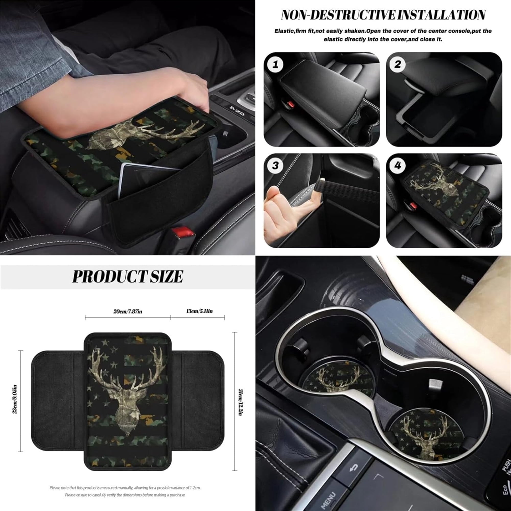 Jeiento Deer 12 Pcs Front Car Seat Cover Set with Bucket Seat Cover Steering Wheel Cover Seat Belt Pad Armrest Cover Coaster Trash Bag Air Vent Bag Rearview Mirror Cover Keychain American Flag Camo