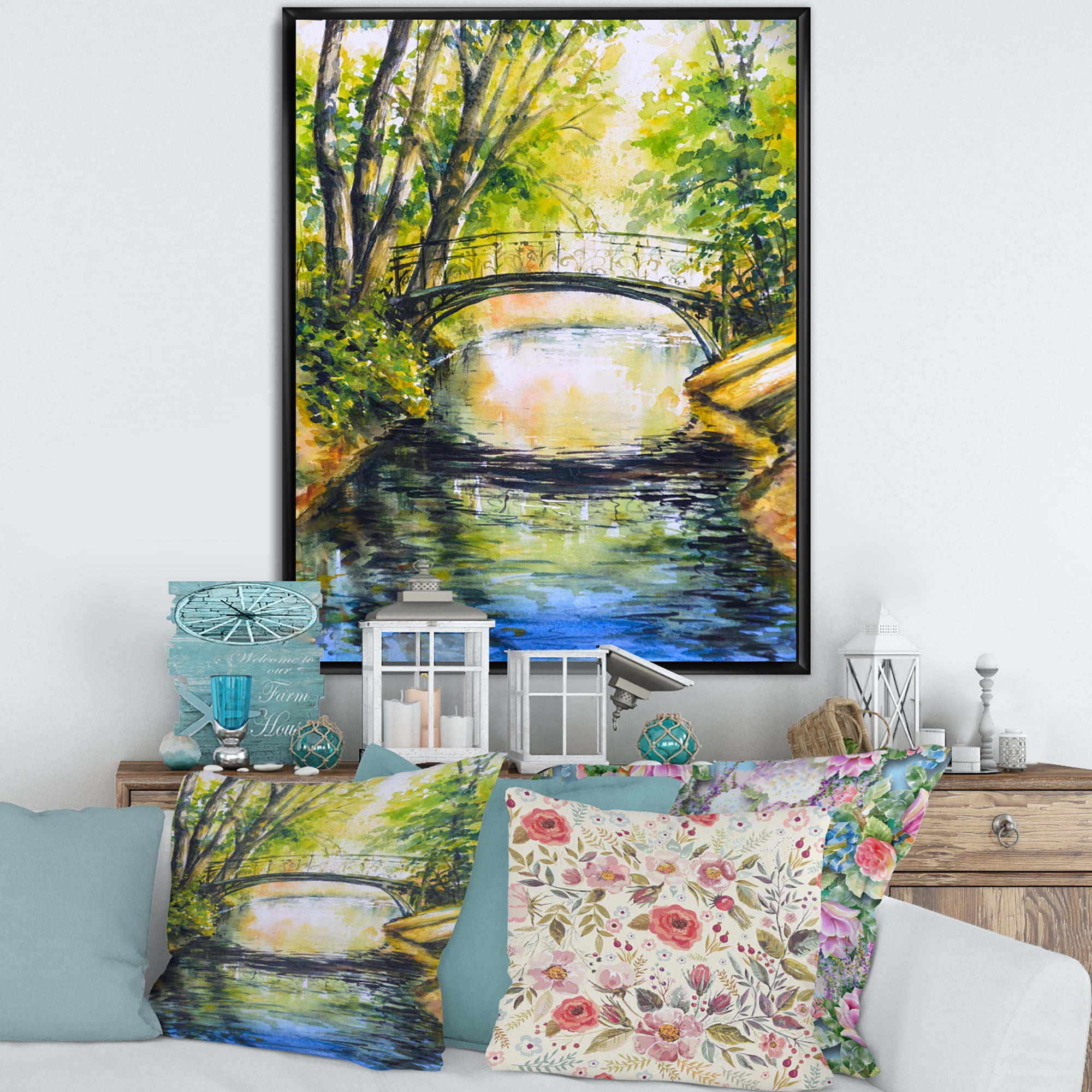 Designart 'Forest Park With Bridge Over Troubled Water' Lake House Framed Canvas Wall Art Print