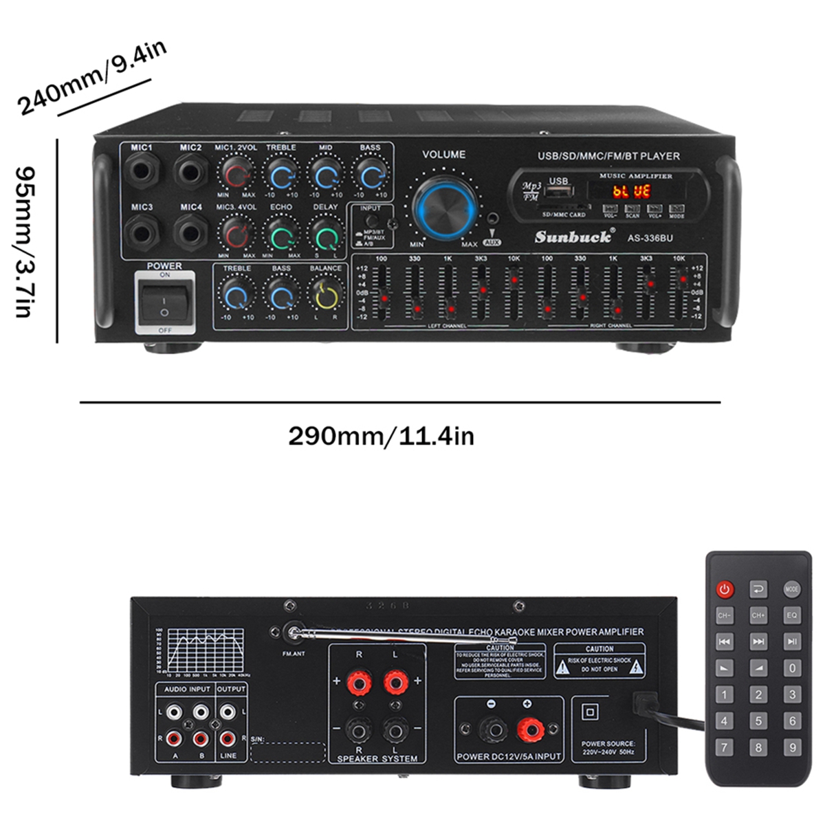 Sunbuck Bluetooth 5.0 Audio Amplifier, 2000W 2 Channel Power Amplifier with FM, 4-Mic Input, AUX Music Stereo Amplifier for Home / Car