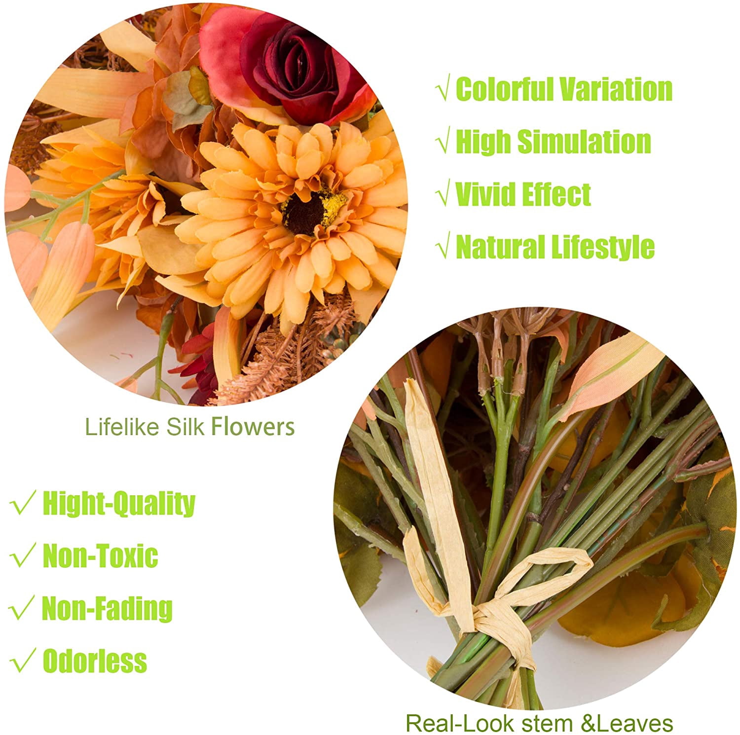 2pcs Boho Style Artificial Flower Bouquets,17 Inch Bohemian Style Fall Flower Wedding Bouquets for Bridal Bridesmaid,Rustic Home Décor Centerpiece(Orange Color Scheme)