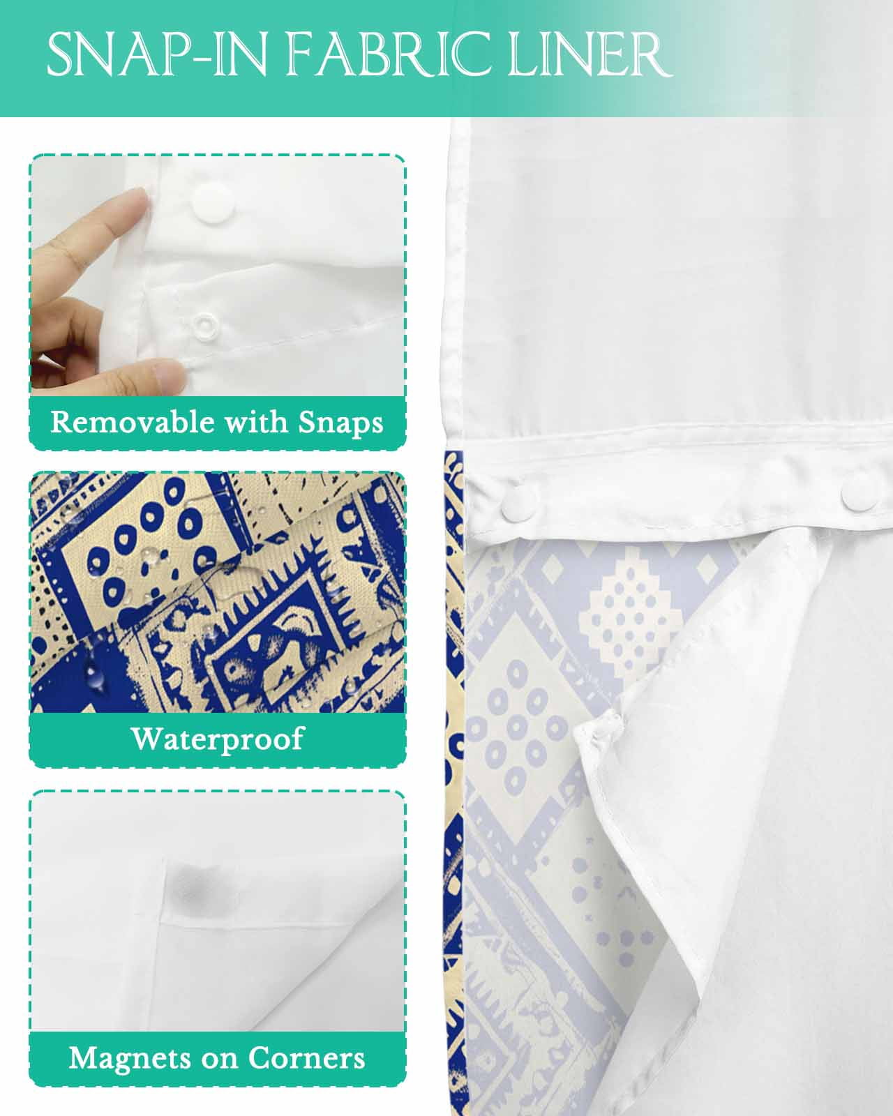 No Hook Shower Curtain with Snap in Liner, Boho Blue Watercolor Flower Rhombus Polka Dot Hotel Shower Curtains for Bathroom, Washable Shower Curtain Liner Set with Mesh Top Window, 60"x72"