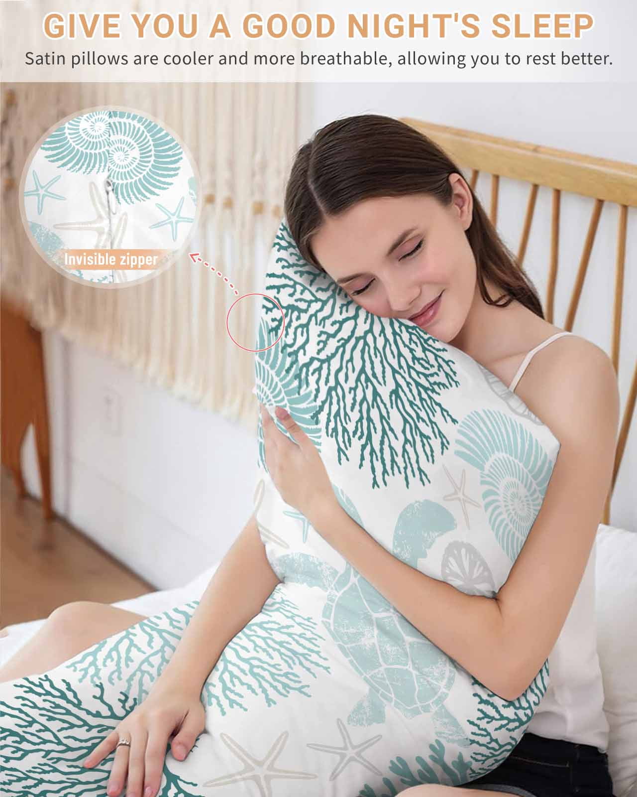 Teal Green Coastal Turtle Pillow Cases Cal King Size, Smooth Satin Pillowcase for Hair and Skin, Ocean Coral Nautical Decorative Cooling Bed Pillow Covers with Zipper, 20x40 Inches