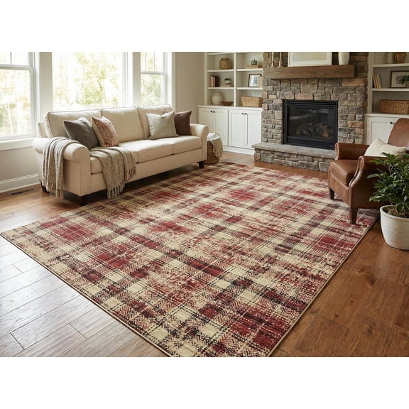 Area Rugs 6x9 Washable Living Room Rug Non Slip Plaid Distressed Carpet Modern Checkered Soft Low Pile Floor Cover Non-Shedding Thin Foldable Indoor Rugs for Bedroom Nursery Red