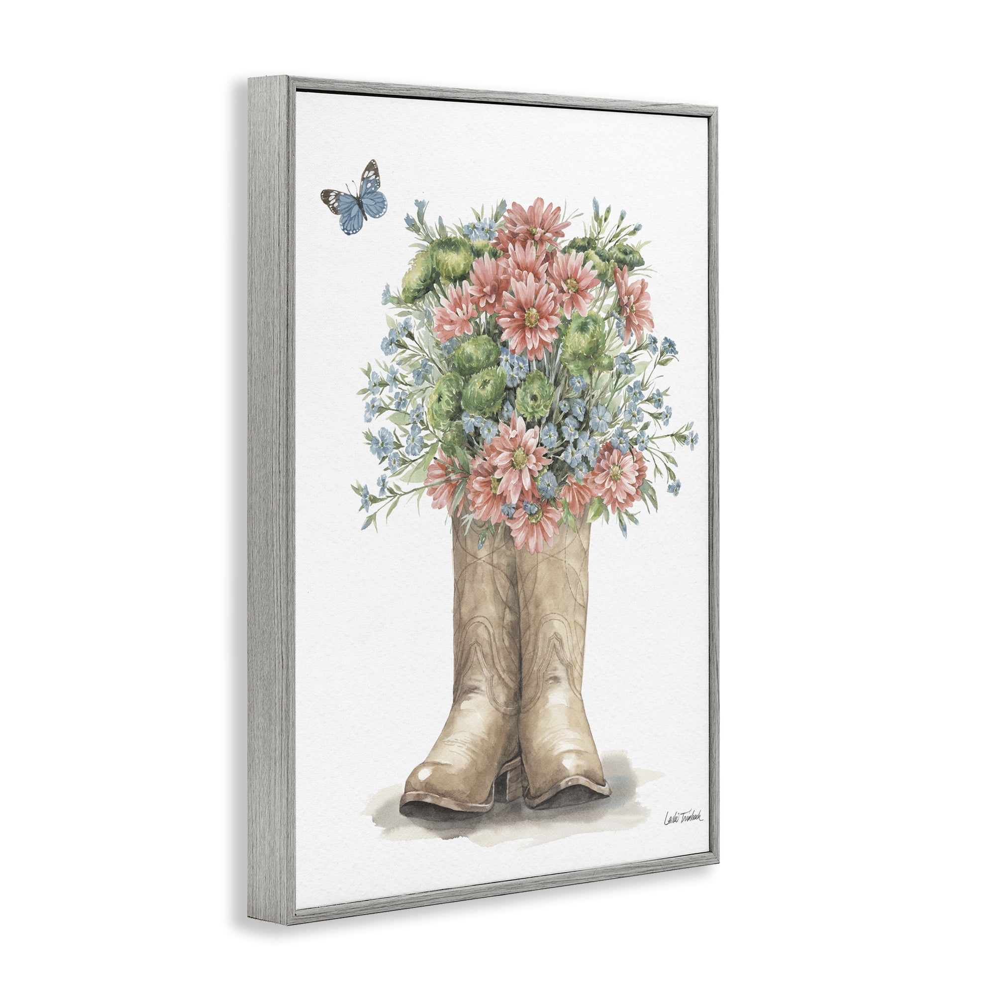 Stupell Industries Western Wildflower Boots Botanical & Floral Painting Gray Framed Art Print Wall Art, 16 x 24
