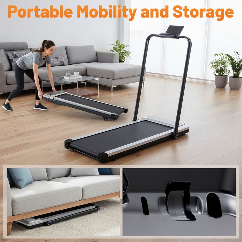 Simenmax 2-in-1 Foldable Walking Treadmill with Handrails, Quiet Under Desk Treadmill for Home Office, Remote Control, LED Display, 265lbs Capacity, Silver