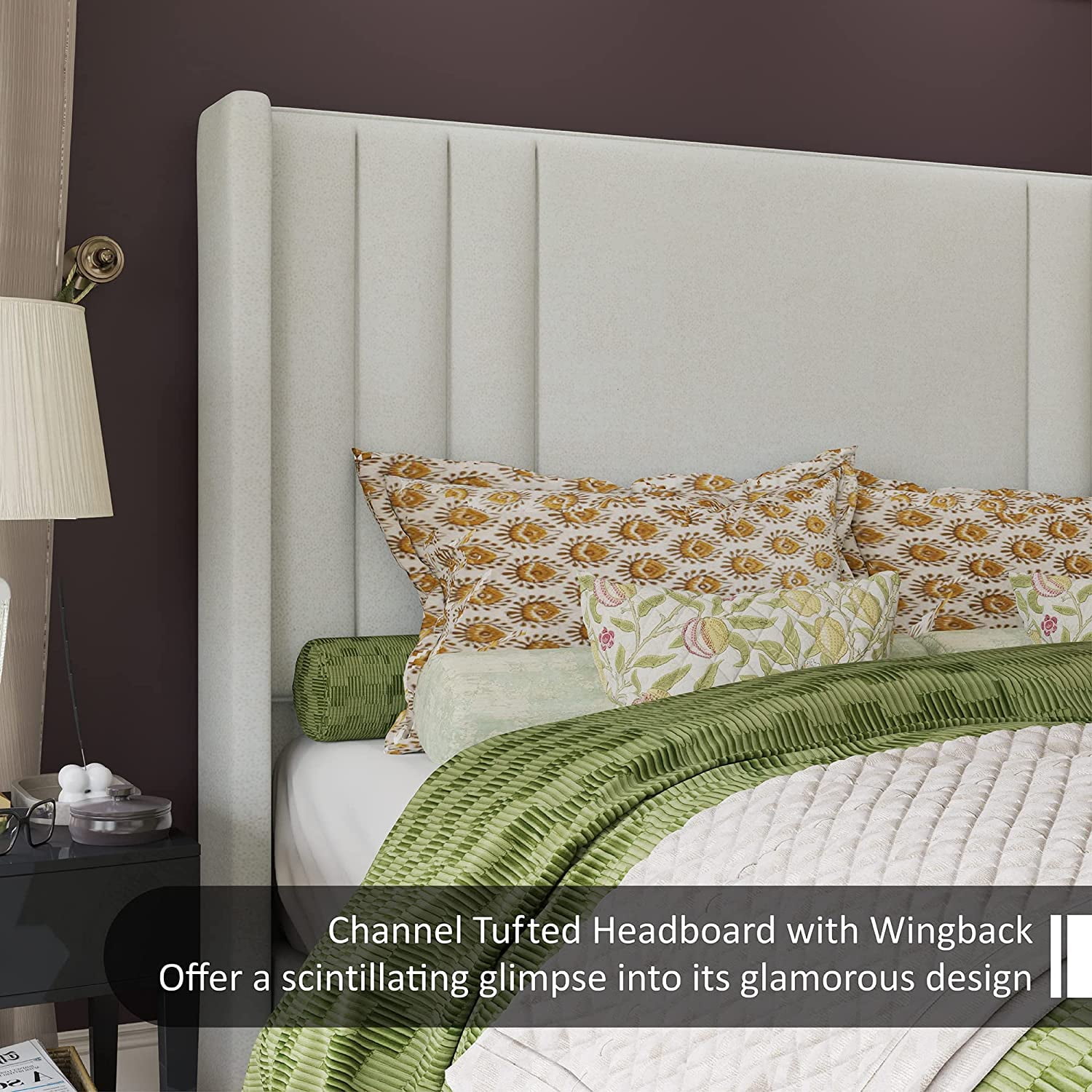 VanAcc Queen Size Bed Frame, Velvet Upholstered Platform Bed with Vertical Channel Tufted Headboard & Footboard/Wingback, with Wood Slats, Cream