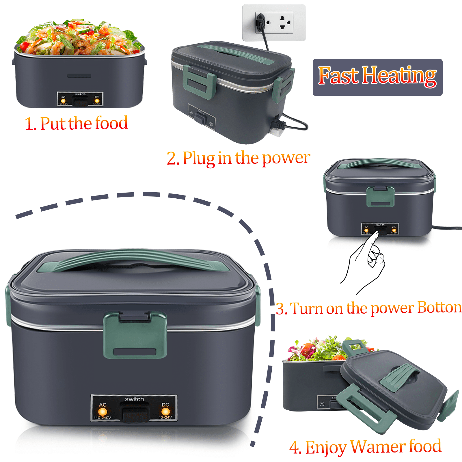 Electric Heated Lunch Box 100W -1.8L Fast Self Heating Lunch Boxes Portable Food Heater for Adults,12V/24V/110V with Leak-Proof Compartment Lid for Car Truck Office Home Green (3 Times Faster)