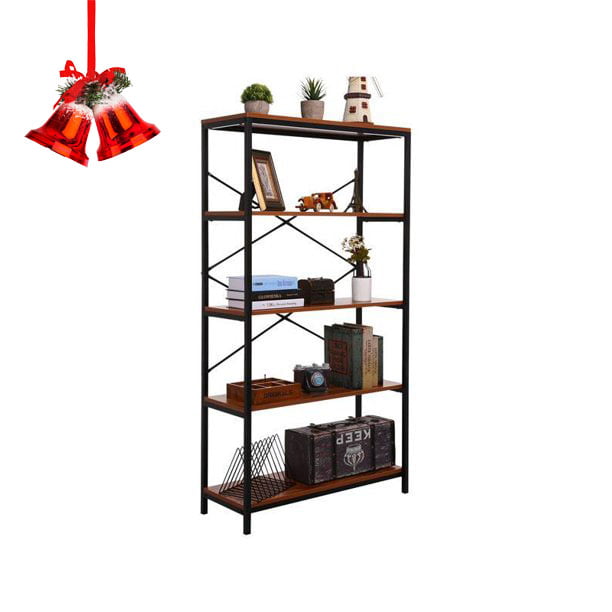 5 Tier Adjustable Tall Bookcase Rustic, Metal Shelves Bookcase