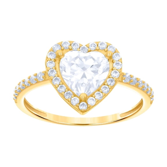 10k Yellow Gold Womens Love Heart Round Cubic Zirconia Heart Engagement Ring 10.6x10.6mm Wide Statement Ring for Women