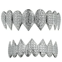 DESIGNICE Shark Grillz 8 Top & Eight Bottom Teeth Set Silver Tone Iced Micro Pave Pre-Made Mouth Grills