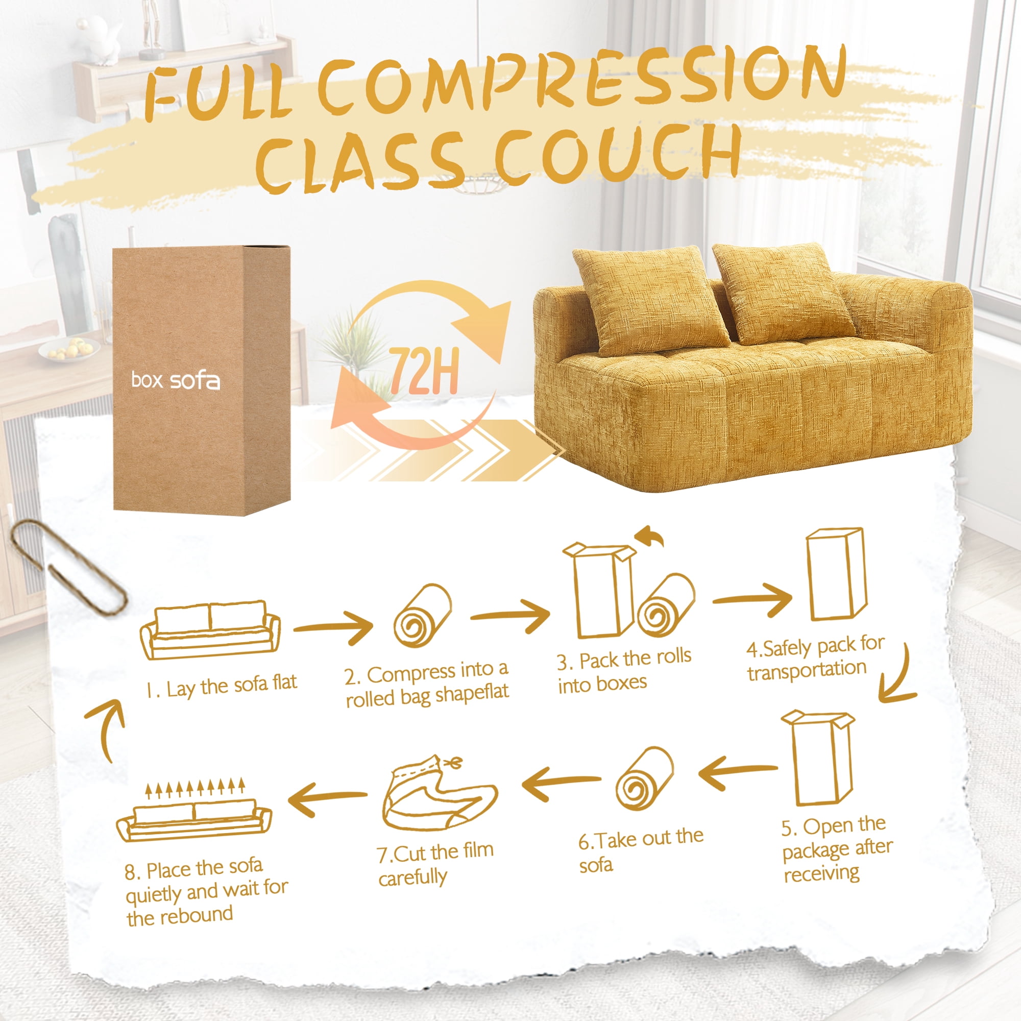MOONMISS Chenille Upholstered Modern 2-Seater Lazy Compression Sofa with Small Side Pocket-Yellow