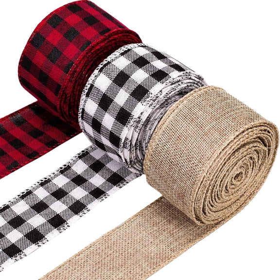 3 Rolls Christmas Wired Edge Ribbons, 30 Yards x 1 Inches Black Red Plaid Ribbon, Black White Buffalo Plaid Ribbon and Burlap Craft Ribbon for DIY Gift Wrapping, Fall Crafts Decoration