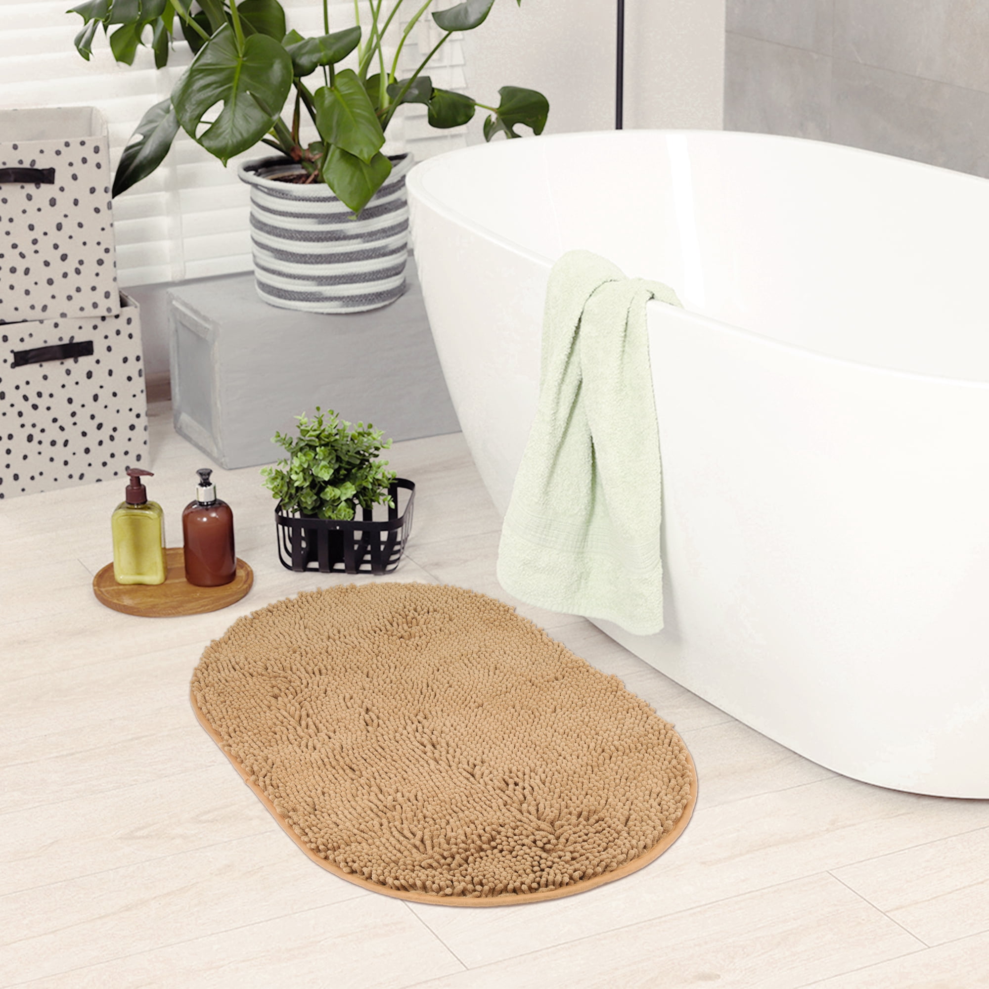 Unique Bargains 2 Pcs Oval Plush Mat Non Slip Washable Rug Khaki 16" x 24"