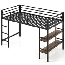 Costway Twin Size Low Loft Bed with Storage Shelves Ladder Full-length Guardrails, Black