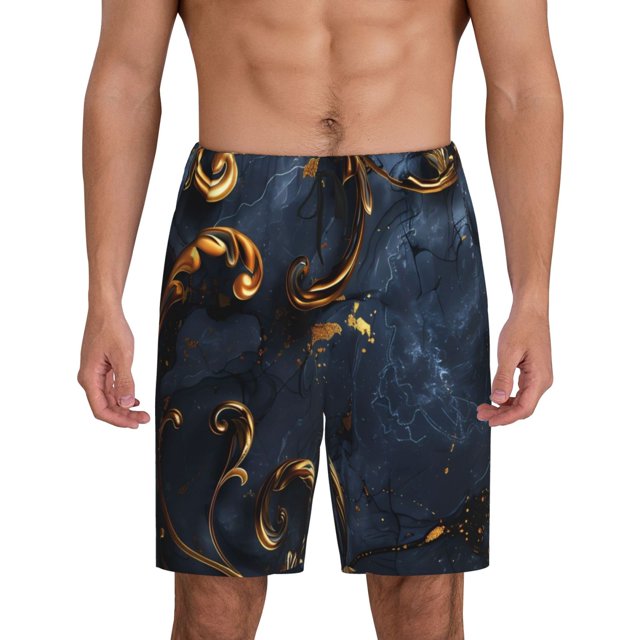 Fotbe Elegant Gold Scrollwork Pantalones Cortos de Pijama para Hombre, Ropa de Dormir, Pantalones de Pijama Cortos para Hombre-Small